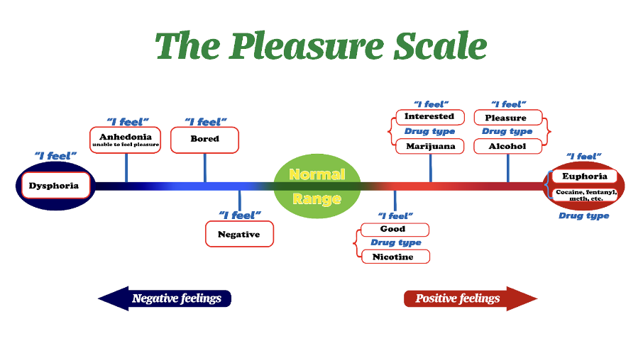 A diagram titled 'The Pleasure Scale' illustrates a spectrum from negative feelings like dysphoria and anhedonia to positive feelings like pleasure and euphoria. The scale includes a 'Normal Range' in the center, with various emotional states and drug types associated with different points on the scale, such as marijuana, alcohol, and nicotine.